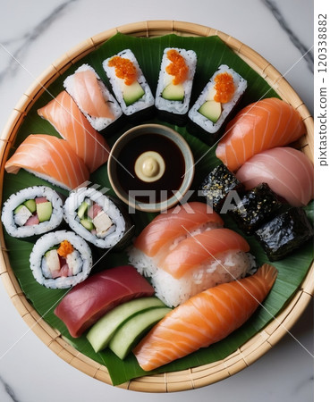 assorted rolls and sushi in a plate 120338882