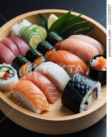 assorted rolls and sushi in a plate 120338887