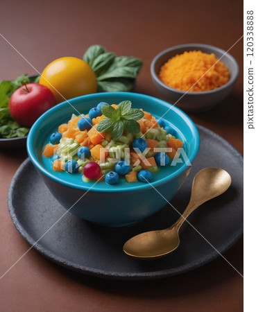 porridge with fruits and vegetables on a served table 120338888