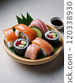 assorted rolls and sushi in a plate 120338930