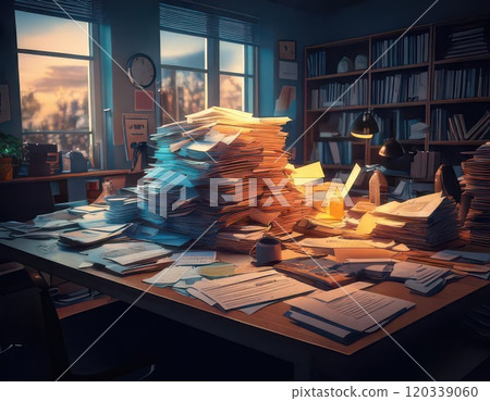 [AI圖片] 辦公桌上堆滿文件 120339060