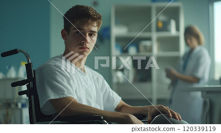 Young man in a wheelchair with a serious expression 120339119