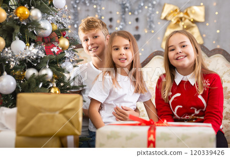 Satisfied children rejoice with New Year gifts, sitting on the sofa next to New Year tree 120339426