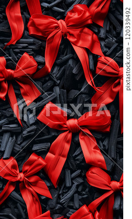 Christmas Background with Coal Pieces and Red Bows Symbolizing Festive and Naughty Themes 120339492