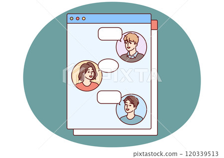 Colleagues communicate in chatbox by exchanging messages in Internet application for phone Colleagues communicate in chatbox by exchanging messages in Internet application for phone 120339513