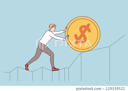 Ambitious man pushes gold coin upward, demonstrating desire to increase income from investment 120339522