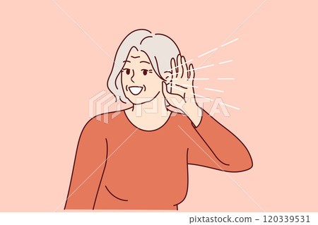 Elderly woman experiences deafness and puts hand to ear to hear interlocutor or neighbors Elderly woman experiences deafness and puts hand to ear to hear interlocutor or neighbors 120339531
