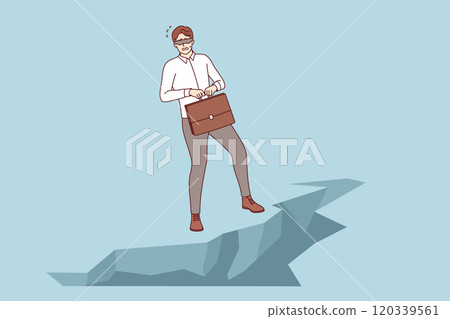 Challenge for business man standing at edge of abyss, blindfolded, and in need of help of guide 120339561