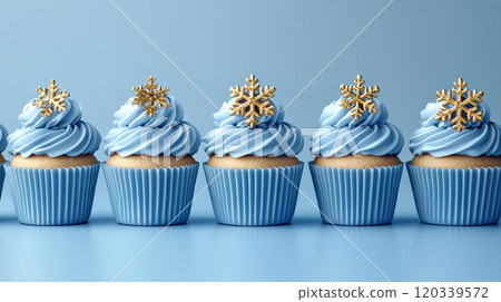 Christmas, New Year. Row cupcakes color blue simple background, Holiday poster, banner, copy space 120339572