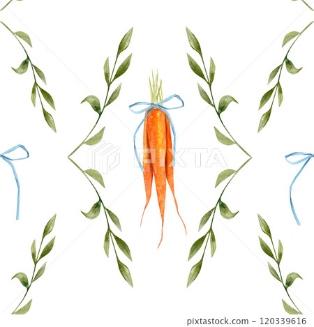 Watercolor seamless pattern with a bouquet of carrots with a bow, greeen branches and a blue bow 120339616