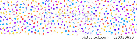 Rainbow sprinkles in shape of hearts, circles and dashes as a seamless patern on white bg Rainbow sprinkles in shape of hearts, circles and dashes as a seamless patern on white bg 120339659