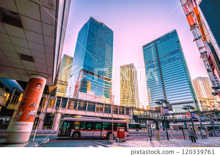Tokyo cityscape in Japan at dawn...View of Shibuya Station and buildings from Wave Street = Saturday, November 9th, 6:52am 120339761