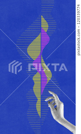 Contemporary art collage. Hand reaches toward colorful striped wavy patterns on deep blue background. Contemporary art collage. Hand reaches toward colorful striped wavy patterns on deep blue background. 120339774