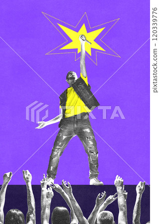 Contemporary art collage. Man in yellow shirt and black vest stands on purple stage holding microphone high as starburst shines behind him, surrounded by audience. Contemporary art collage. Man in yellow shirt and black vest stands on purple stage holding microphone high as starburst shines behind him, surrounded by audience. 120339776