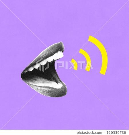 Contemporary art collage. Black and white wide-open mouth on purple background with yellow sound waves emanating outward. 120339786