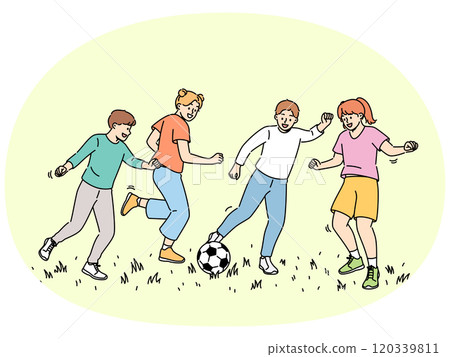 Happy children play football, enjoy summer holidays and running on lawn and kicking football ball Happy children play football, enjoy summer holidays and running on lawn and kicking football ball 120339811