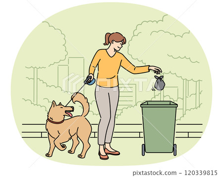 Woman walking dog throws bag of puppy poop into trash can, taking care of cleanliness of park 120339815