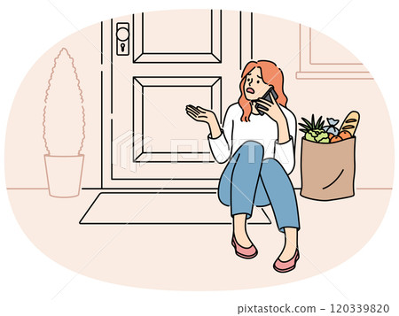 Woman sits on threshold near door with jammed lock and cannot get into house, makes phone call 120339820