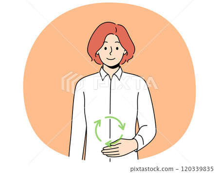 Woman with symbol of digestion near stomach, recommending to take care of gastrointestinal tract Woman with symbol of digestion near stomach, recommending to take care of gastrointestinal tract 120339835