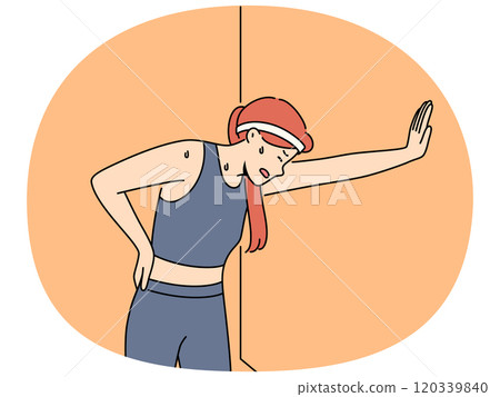 Woman runner with sweat on face, leaning against wall and trying to catch breath after long run 120339840