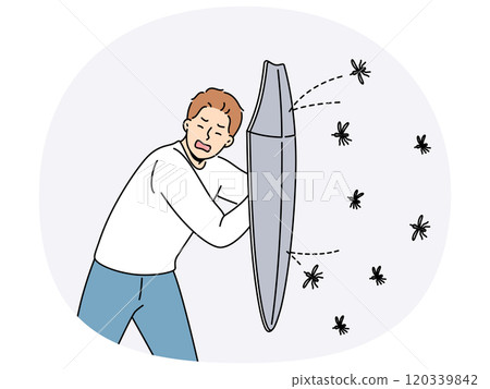 Man defends himself from mosquitoes using shield and screaming, need in fumigator or insect spray Man defends himself from mosquitoes using shield and screaming, need in fumigator or insect spray 120339842