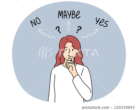 Thinking woman makes difficult solution and reflects on problem that has arisen. 120339843