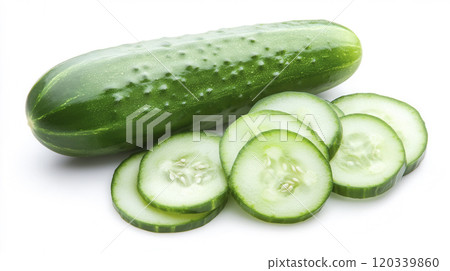 Fresh cucumber and sliced pieces on a clean white background showcasing their vibrant green color and crisp texture 120339860