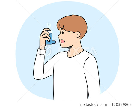 Boy uses inhaler to treat asthma attack due to difficulty breathing and lung disease Boy uses inhaler to treat asthma attack due to difficulty breathing and lung disease 120339862