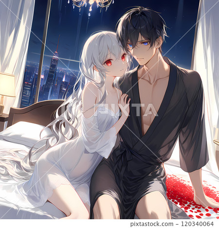 A young man and woman playing in bed. Love between an albino girl and a blue-eyed young man. Anime-style AI illustration 120340064