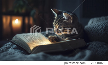 A curious cat reads a book by candlelight in a cozy evening setting 120340079
