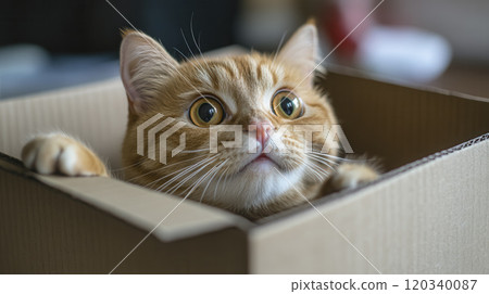 Curious orange cat peeking out of a cardboard box in a cozy indoor setting during daylight hours 120340087