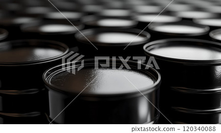 Oil barrels. Black cylindrical containers arranged in a large warehouse, reflecting light during daytime storage 120340088