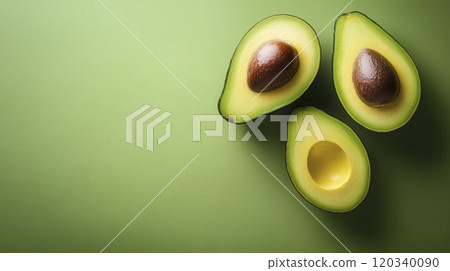 Freshly sliced avocados on a vibrant green background highlighting the smooth textures and rich colors of healthy produce 120340090