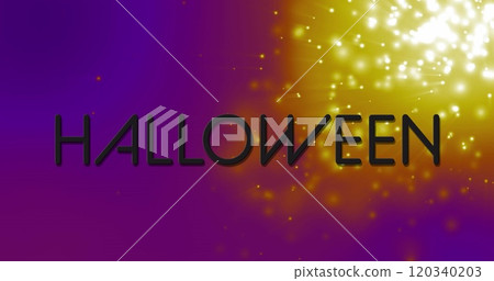 Image of shooting star over neon halloween text banner against light spots on purple background Image of shooting star over neon halloween text banner against light spots on purple background 120340203