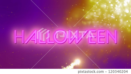 Image of shooting star over neon halloween text banner against light spots on purple background 120340204