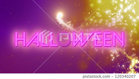 Image of shooting star over neon halloween text banner against light spots on purple background 120340207