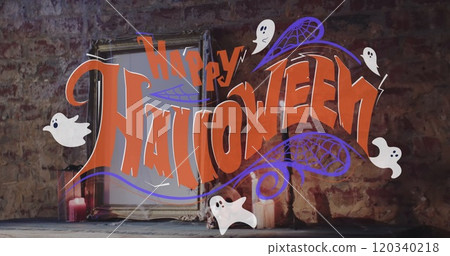 Image of happy halloween text over ghosts and mirror on brick wall background Image of happy halloween text over ghosts and mirror on brick wall background 120340218