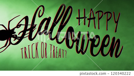 Image of happy halloween text over green smoke on black background 120340222