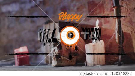 Image of happy halloween text over candles and skull on brick wall background 120340223