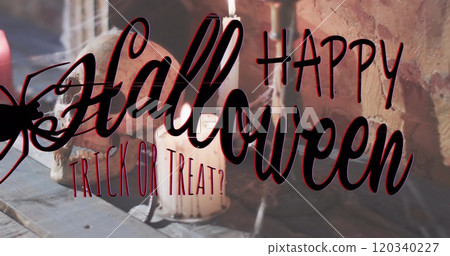 Image of happy halloween text over candles and skull on brick wall background 120340227