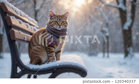 A cat wearing a scarf on a snowy day A cat wearing a scarf on a snowy day 120340337