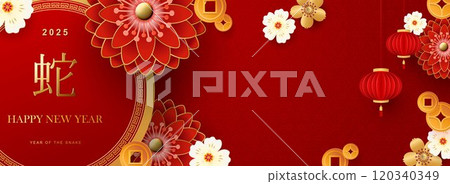 Happy Chinese New Year 2025, Snake zodiac sign with flower, lantern, pattern, clouds, Asian elements in red, gold paper in cutout style on red background. Translation Happy New Year of the Snake 120340349