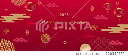 Happy Chinese New Year 2025. Golden chinese snake zodiac sign on red background for postcard design. Animal of the Chinese lunar calendar. Translation Happy New Year of the Snake. Vector 120340351