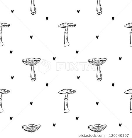 Seamless outline vector pattern with mushrooms 120340397