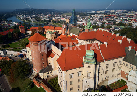 Aerial view of Wawel Castle in Krakow. Medieval royal renaissance architecture. Touristic landmark in Poland 120340425