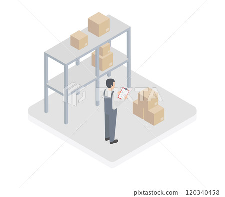 Delivery service concept in 3d isometric design. Man working in logistic company, loading parcel boxes at storage shelves in warehouse. Vector illustration with isometry people scene for web graphic 120340458