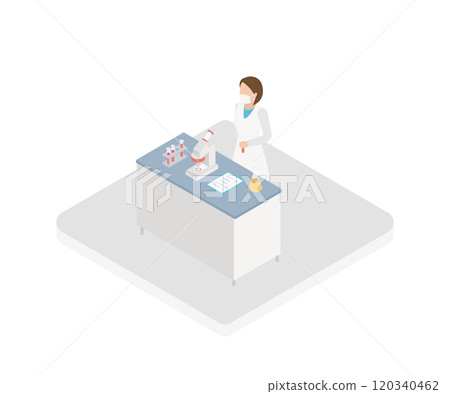 3D isometric flat vector conceptual illustration of chemistry class. Medical or science laboratory. Woman character in laboratory isometric vector. 120340462