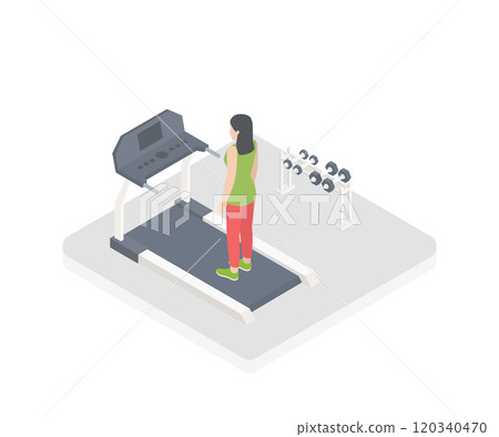 Isometric 3D vector illustration the girl or woman character in gym running on the treadmill. Sport and healthy lifestyle. Isometric 3D vector illustration the girl or woman character in gym running on the treadmill. Sport and healthy lifestyle. 120340470