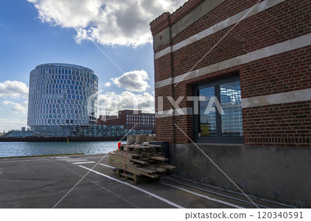 Nordhavn district with The Tip of Nordo office building in Copenhagen, Denmark. Nordhavn district with The Tip of Nordo office building in Copenhagen, Denmark. 120340591