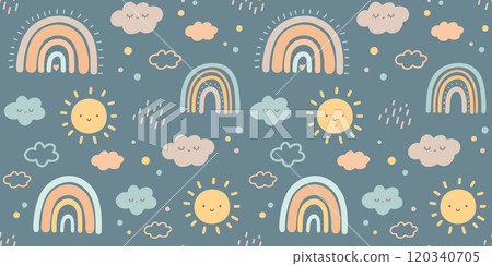 Baby seamless pattern on blue background in boho style with clouds, sun and rainbow for textiles or fabric for newborns and nursery 120340705